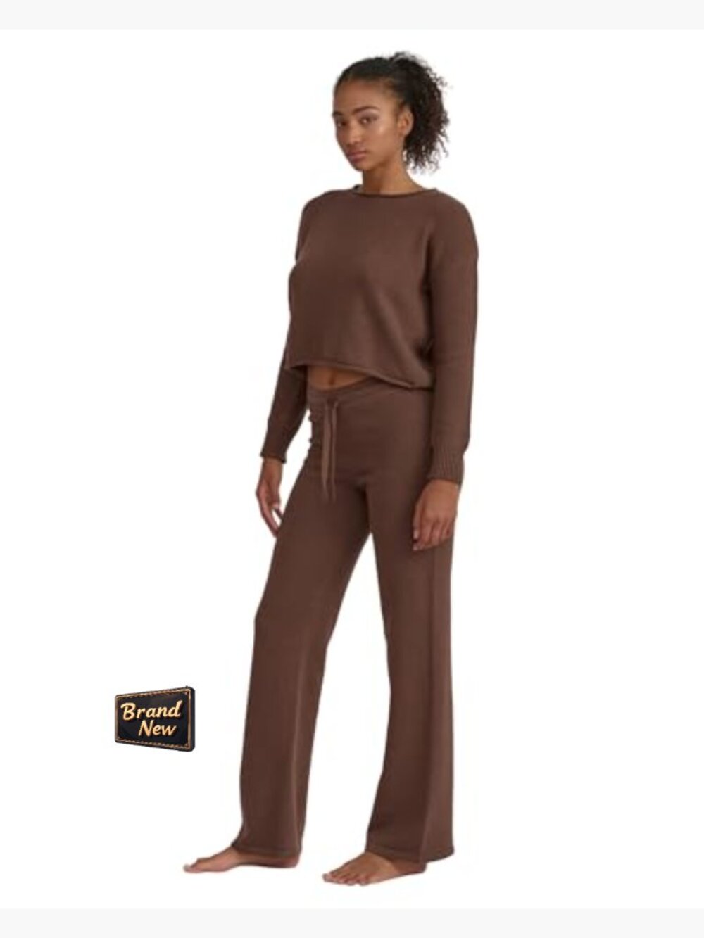 Wide Leg Knit Pants High Waisted Organic Cotton Drawstring - Picture 3 of 3